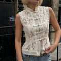 Soft women's sleeveless lace top - slim-fit stand collar, cotton, for casual wear