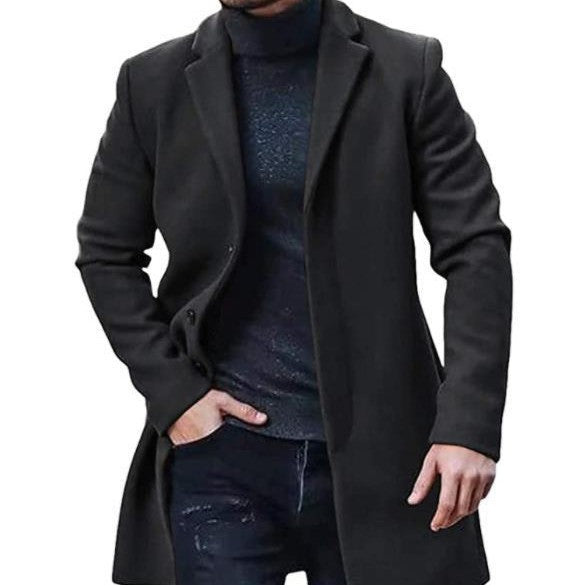 Warm Refined Men's Tweed Coat - Medium-Length Polyester