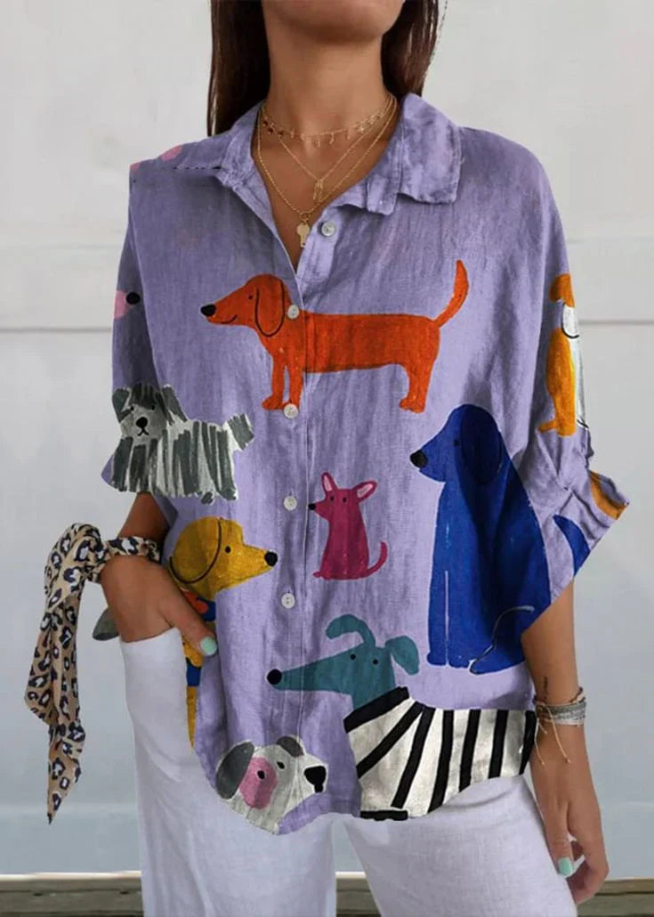 Artistic Dog Print T-Shirt in Purple, Comfortable Regular Fit Casual Wear for Everyday Style