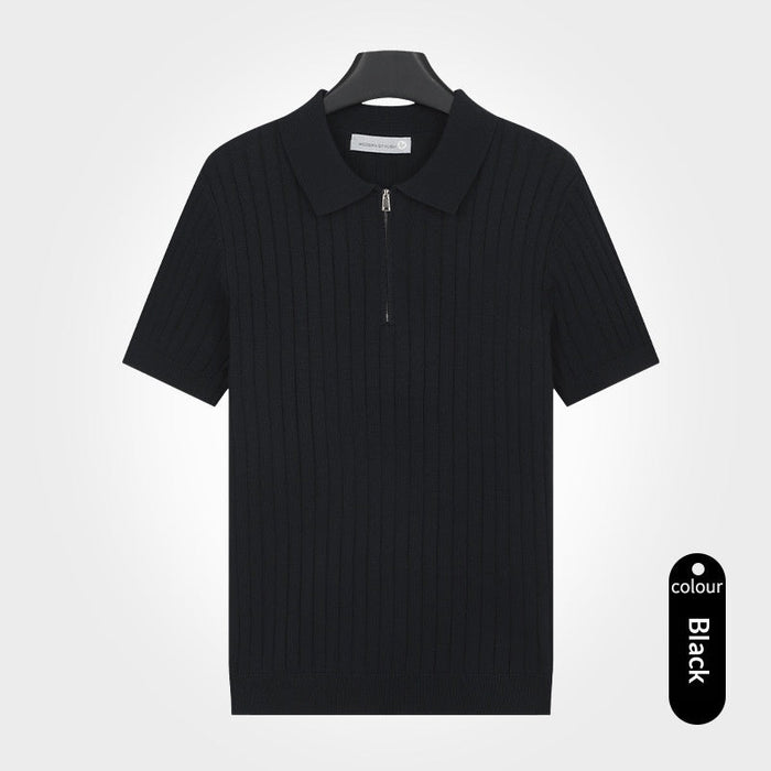 Soft Men's Striped Zip-Up Knit Polo - Slim Fit, Ice Silk Viscose, Versatile Everyday Wear