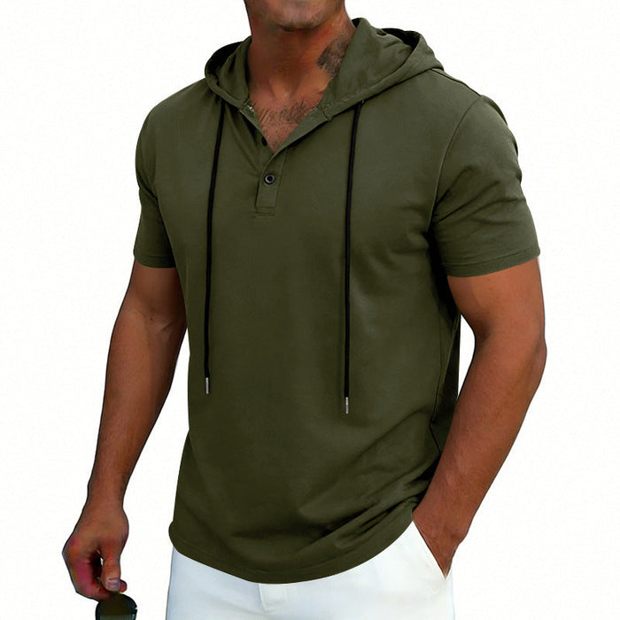 Soft Men's Henley-Neck Hoodie T-Shirt - Hooded Pullover, Polyester, Casual Everyday Wear