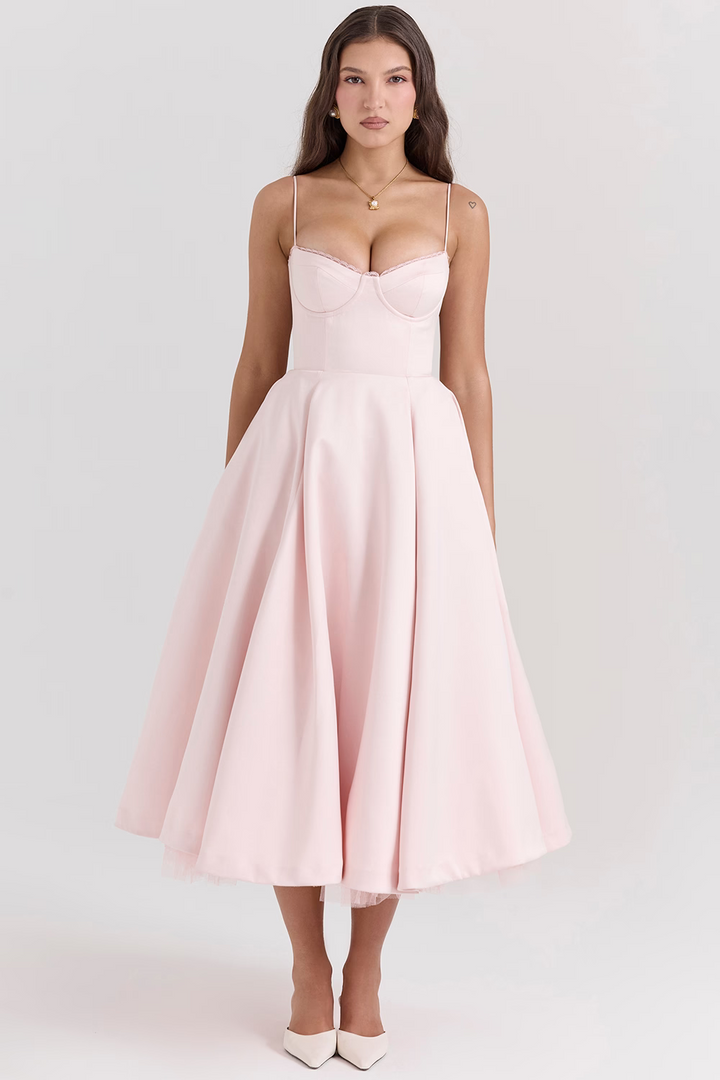 Elegant White Midi Dress with Spaghetti Straps and Tulle Skirt for Women - Perfect for Special Occasions