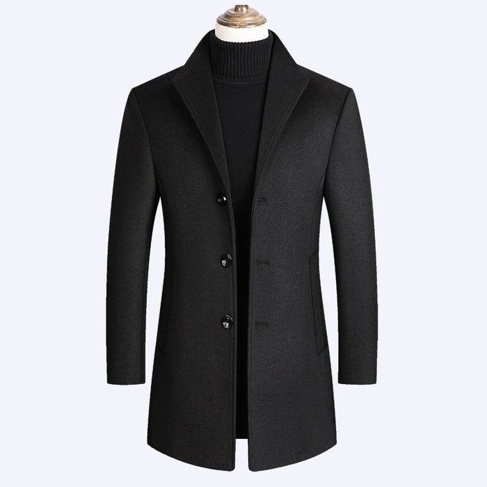 Warm Men’s Wool Coat - Single-Breasted Mid-Thigh, Winter