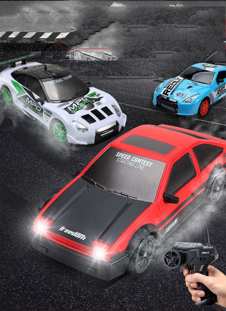 Remote control drift car sliding past cones