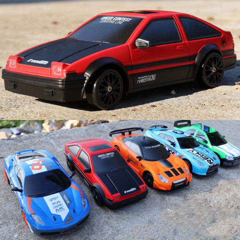 Remote control drift car sliding past cones