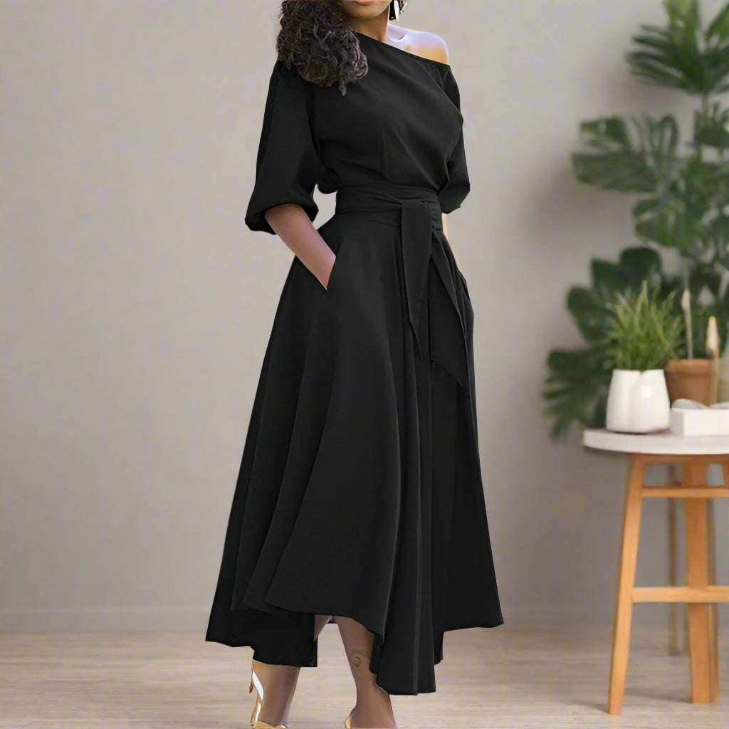Elegant Midi Dress with Elbow-Length Sleeves and Adjustable Waist for Women