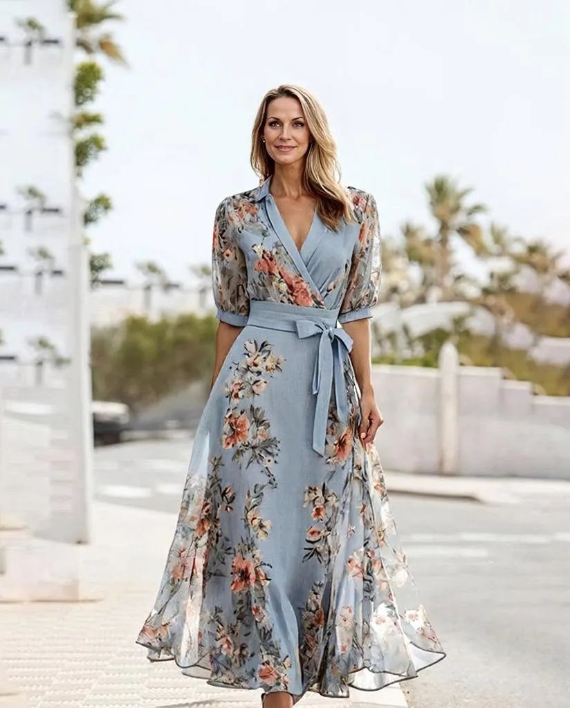 Elegant Midi Dress with Short Sleeves and V-Neck for Versatile Occasions