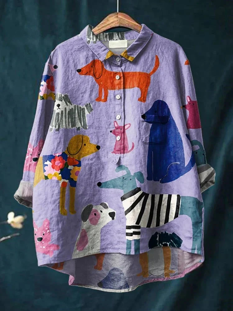 Artistic Dog Print T-Shirt in Purple, Comfortable Regular Fit Casual Wear for Everyday Style