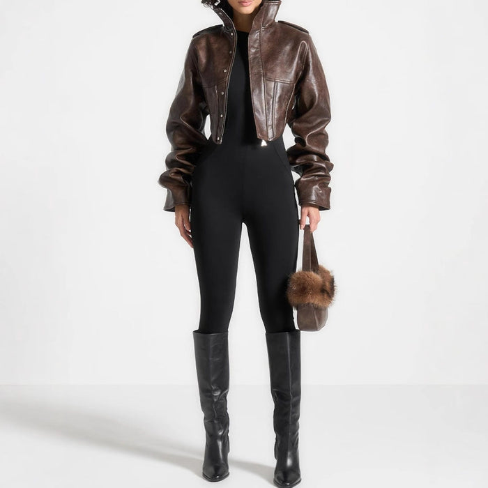 Fitted women's PU leather jacket – slim cut, short length, structured everyday outerwear