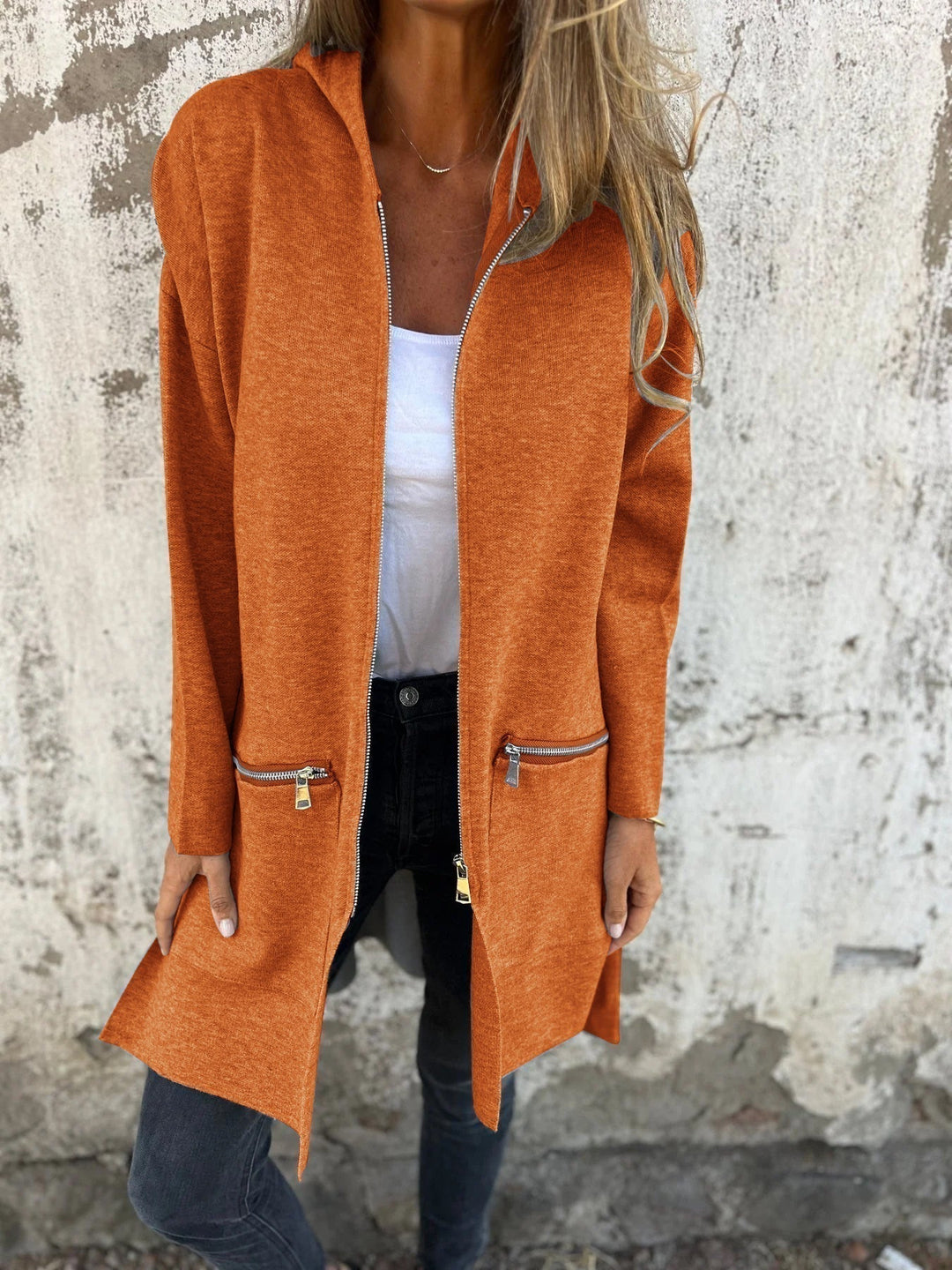 Lightweight Womens Long Hoodie - Fitted Zip Cotton Layering