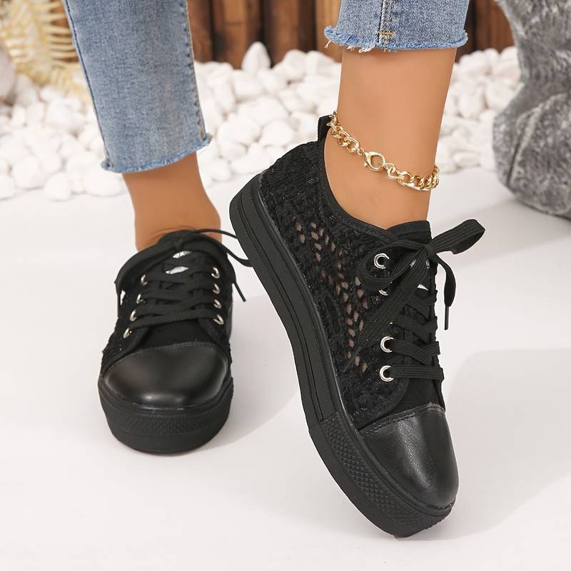 Chic Lace Trainers for Women, Breathable and Comfortable Design in Black and White, Padded Interior for All-Day Support