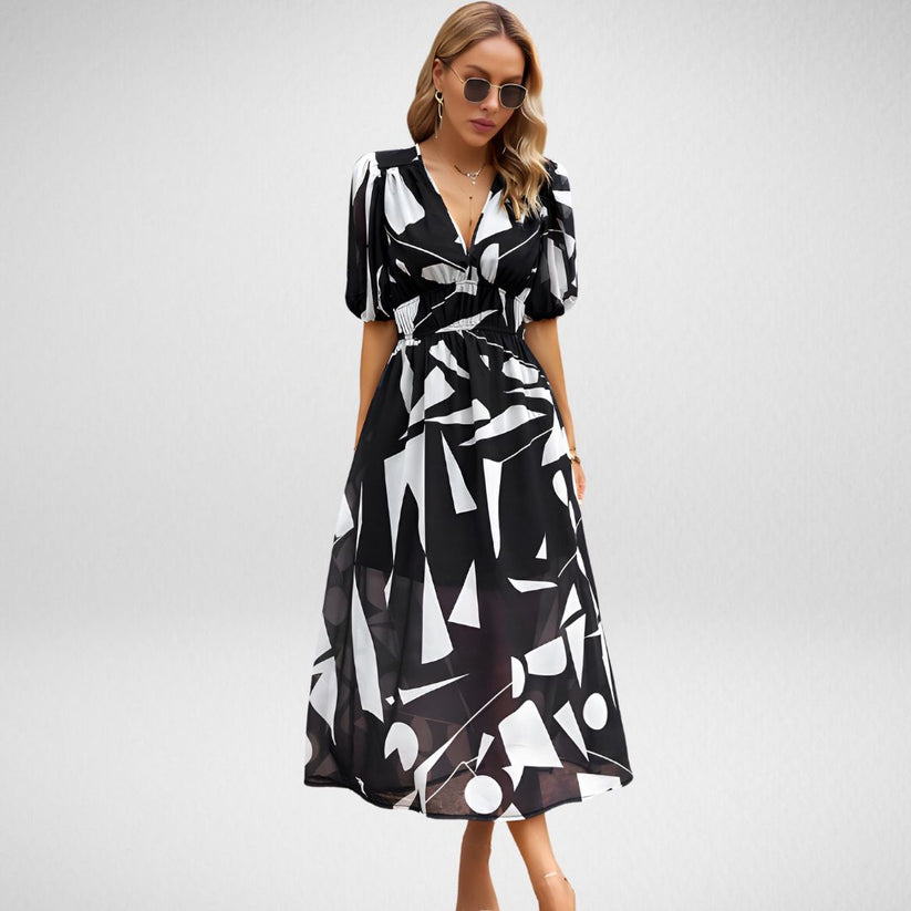 Elegant Printed Midi Dress with Three-Quarter Sleeves for Women - Versatile Midi Dress for Any Occasion