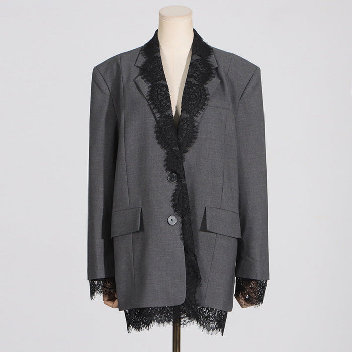 Structured women's blazer - lace-panel design, long-sleeve, polyester, for office-ready workwear