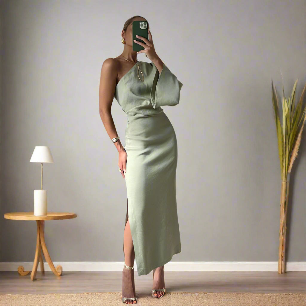 Elegant Midi Dress with Asymmetrical Shoulder and Long Sleeves for Women