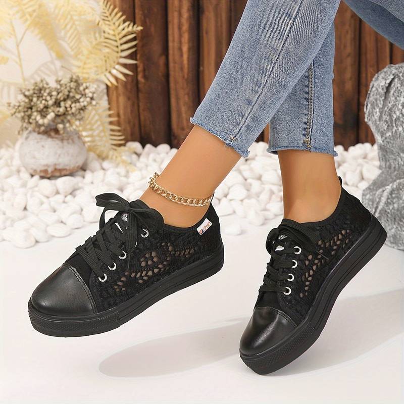 Chic Lace Trainers for Women, Breathable and Comfortable Design in Black and White, Padded Interior for All-Day Support