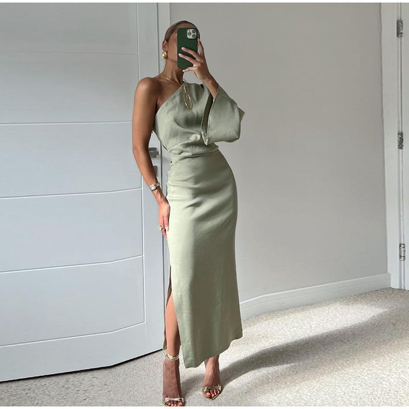 Elegant Midi Dress with Asymmetrical Shoulder and Long Sleeves for Women