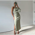 Elegant Midi Dress with Asymmetrical Shoulder and Long Sleeves for Women