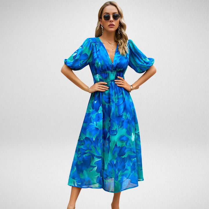 Elegant Printed Midi Dress with Three-Quarter Sleeves for Women - Versatile Midi Dress for Any Occasion