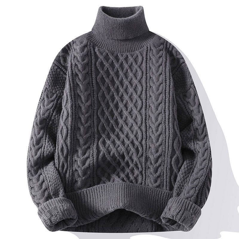 Warm Mens Turtleneck Jumper - Relaxed Cable Knit, Winter