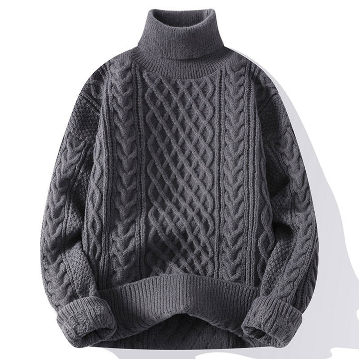 Warm Mens Turtleneck Jumper - Relaxed Cable Knit, Winter