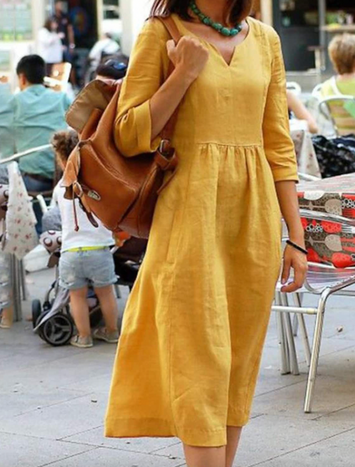 Womens Dress with 3/4 Sleeves, Flattering Fit, Comfortable Natural Fabric, Available in Multiple colours