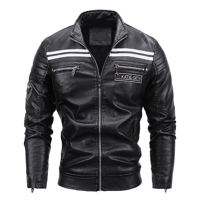 Warm men's leather motorcycle jacket - biker-cut with quilted shoulders and racing stripes, PU leather, for autumn rides
