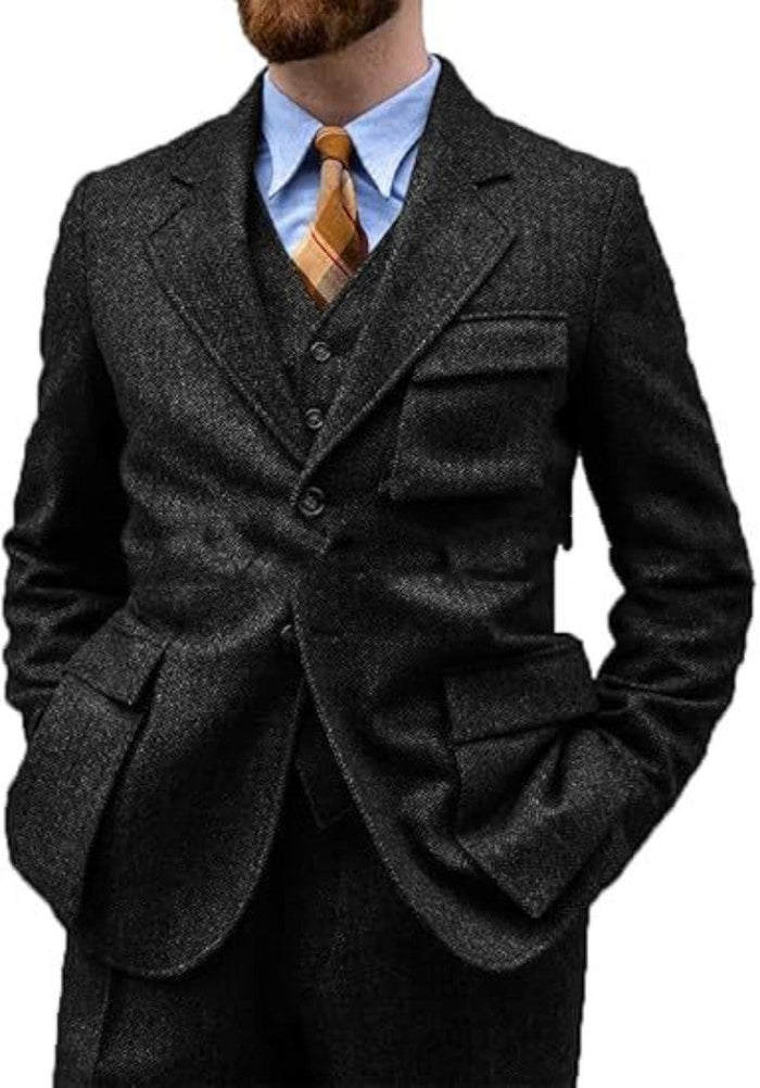 Wrinkle-free men's three-piece suit - slim-fit, herringbone wool, for formal events and business wear