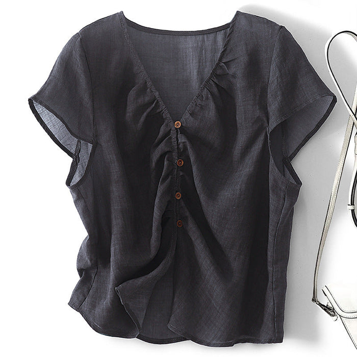 Lightweight women's shirt - V-neck, button-front, relaxed fit, cotton-polyester blend, casual everyday wear