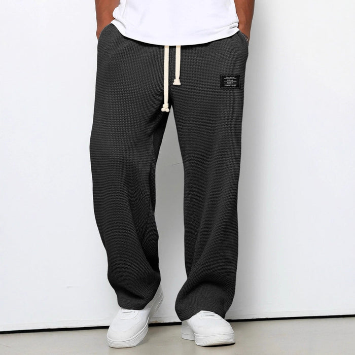 Soft Cozy Men's Trousers - Straight Leg, Waffle-Knit Drawstring Polyester, Casual Wear For Lounge And Travel