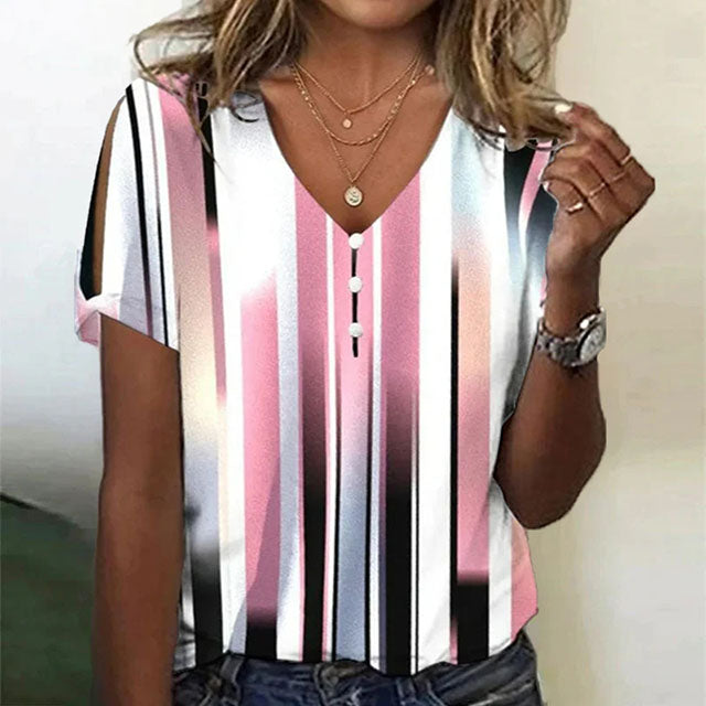 Casual V-Neck Blouse for Women, Short Sleeve colour Gradient Stripe Summer Top, Cotton-Polyester Blend