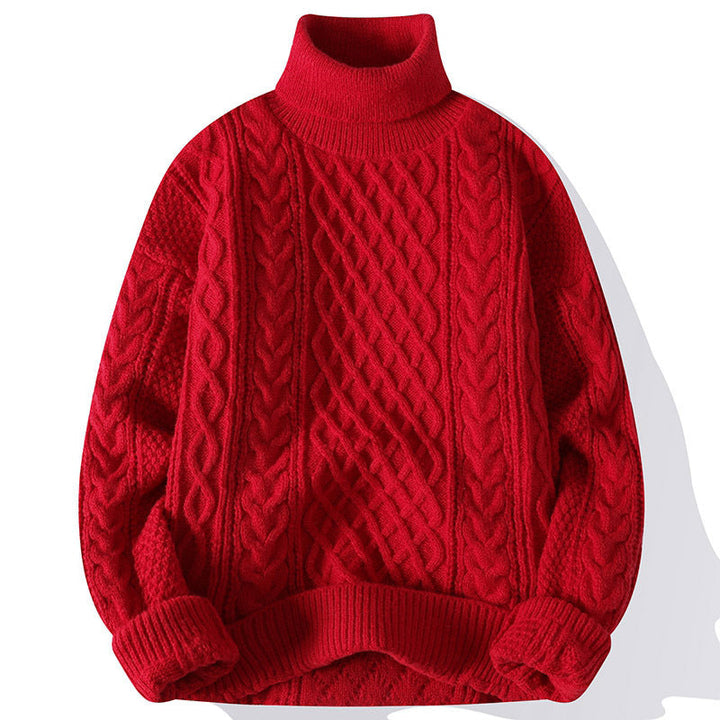 Warm Mens Turtleneck Jumper - Relaxed Cable Knit, Winter