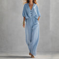 Flowy women's knit jumpsuit – batwing sleeve, polyester, elastic waist, relaxed occasion