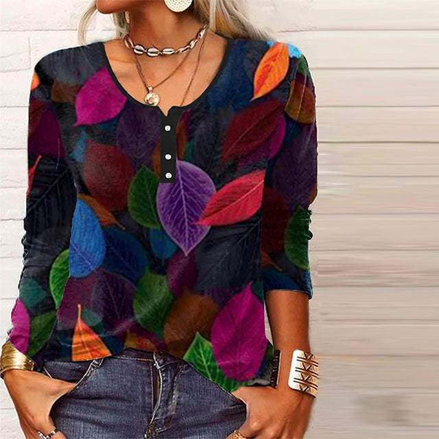 colourful Leaf Print Womens Blouse, V-Neck Cotton-Polyester Blend Top for Spring, Autumn, and Winter Wear