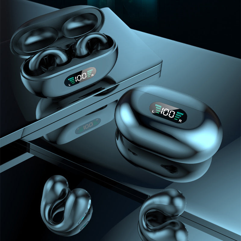 Clip-on open-ear earbuds with charging case