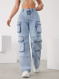 High-Waist Cargo Trousers for Women in Medium Blue, Stretch Fabric, Straight-Leg Fit, Stylish Snowflake Design