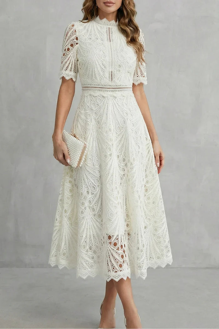 Soft Women's Dress - Lace, Cinched Waist, Short Sleeves, Classic A-Line Silhouette, 100% Polyester, For Occasions