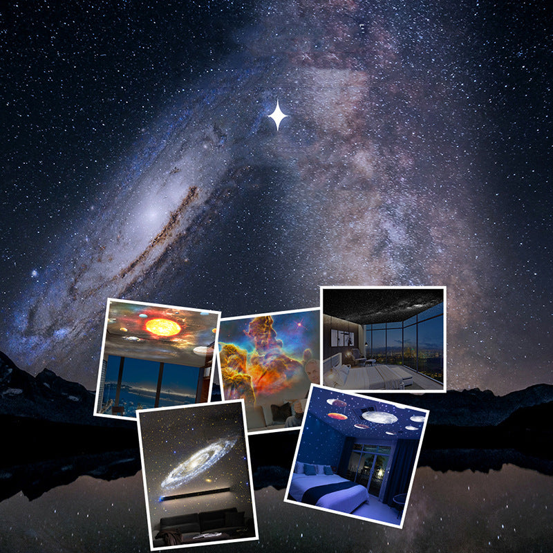 Galaxy projector casting planets on a ceiling