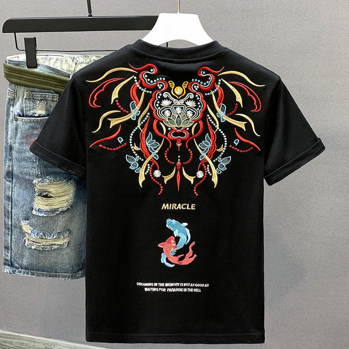 Soft, Versatile Men's Cotton Crew-Neck T-Shirt With Embroidered Ethnic-Style Back Design - Crew-Neck, Cotton, Casual