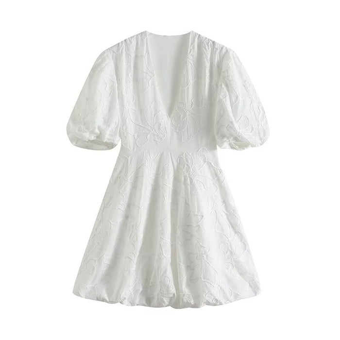 Lightweight women's dress - puff-sleeve, A-line with embroidery, for casual wear