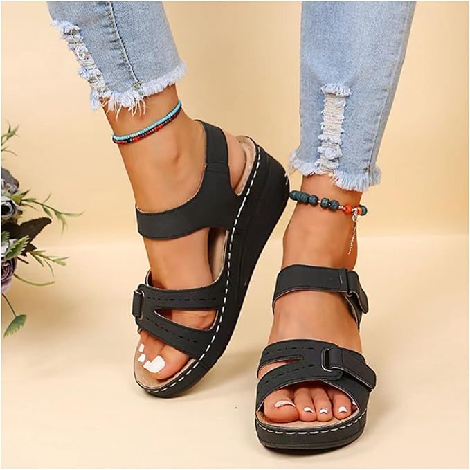 Supportive Orthopaedic Sandals for Women – Gel Cushion, Adjustable Fit – Black