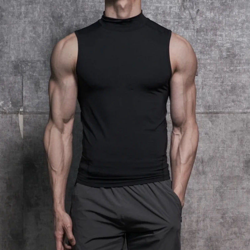 Breathable Men's Tank Top - High-Neck Sleeveless, Polyester-Spandex Quick-Dry Blend, For Gym Workouts