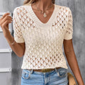 Soft women's knitted top - short-sleeve textured hollow-out knit, polyester, for everyday wear
