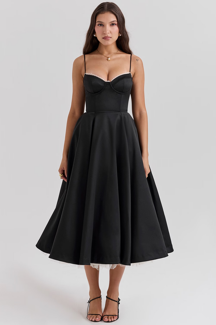 Elegant White Midi Dress with Spaghetti Straps and Tulle Skirt for Women - Perfect for Special Occasions