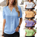 Soft women's blouse - loose-fit V-neck lace hollow-out short-sleeve, polyester, casual wear