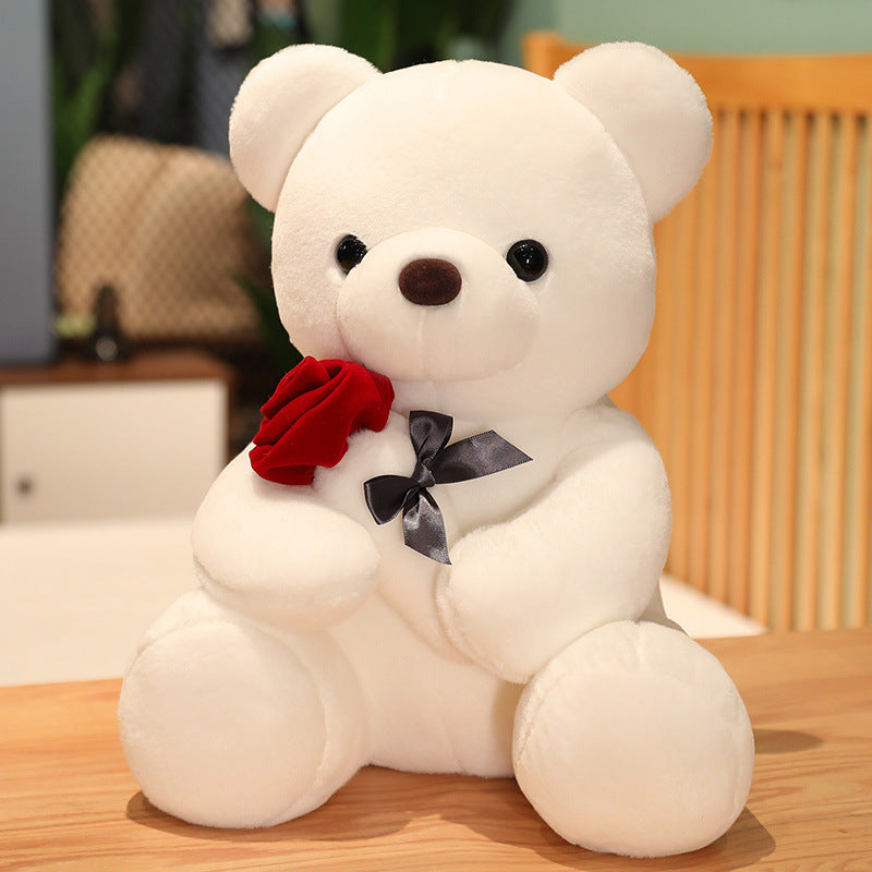 Brown teddy bear holding a red rose
