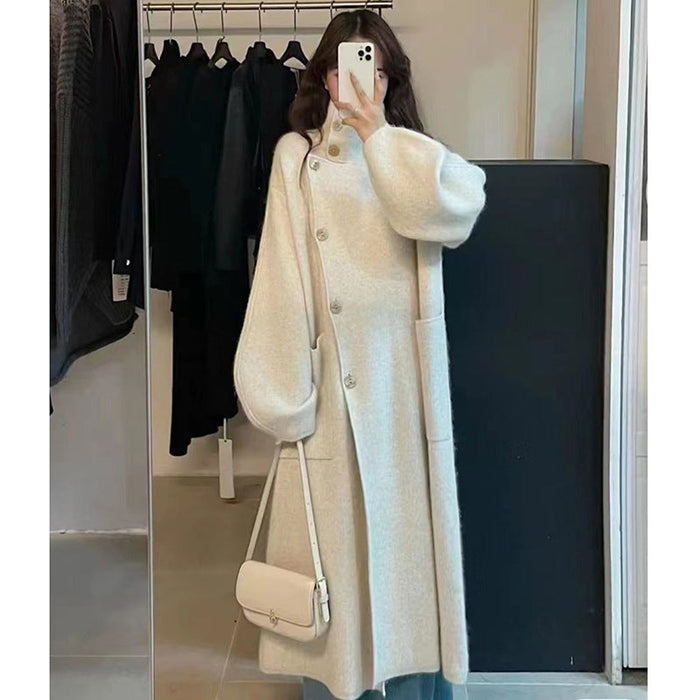 Warm Cozy Womens Wool Midlength Overcoat - Turtleneck Knit