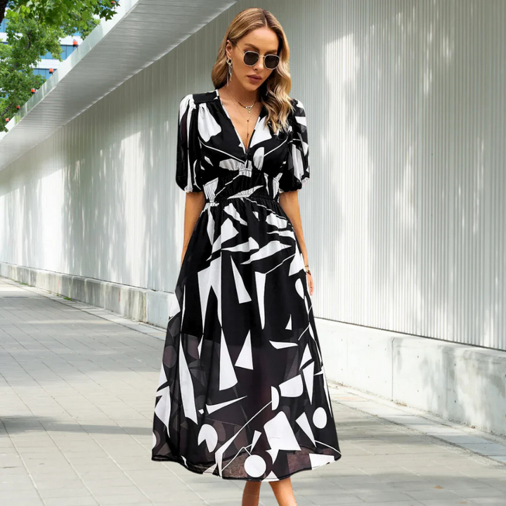 Floral Summer Dress for Women with Puffed Sleeves and V-Neck - Perfect Wedding Guest Dress