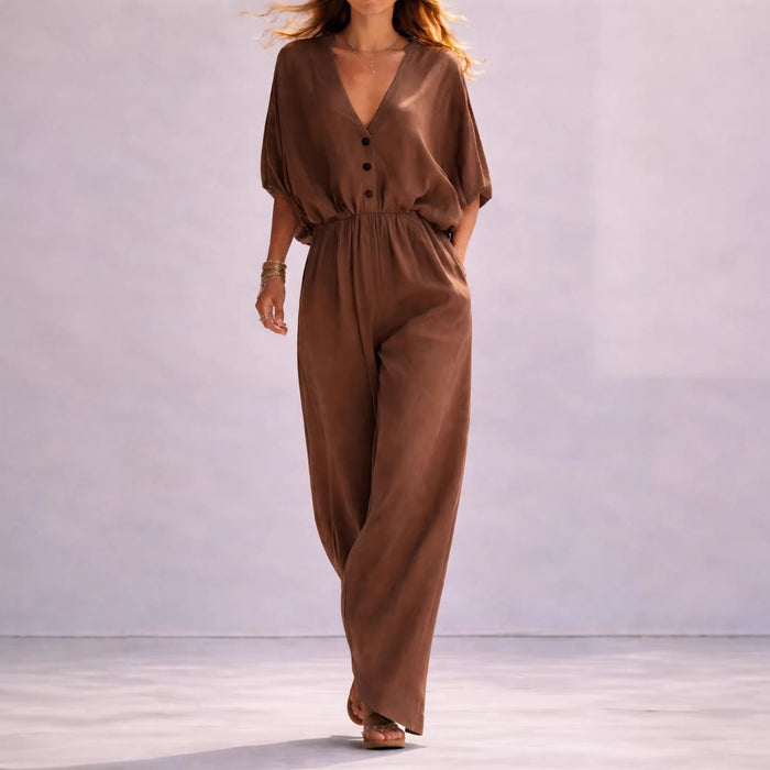 Flowy women's knit jumpsuit – batwing sleeve, polyester, elastic waist, relaxed occasion