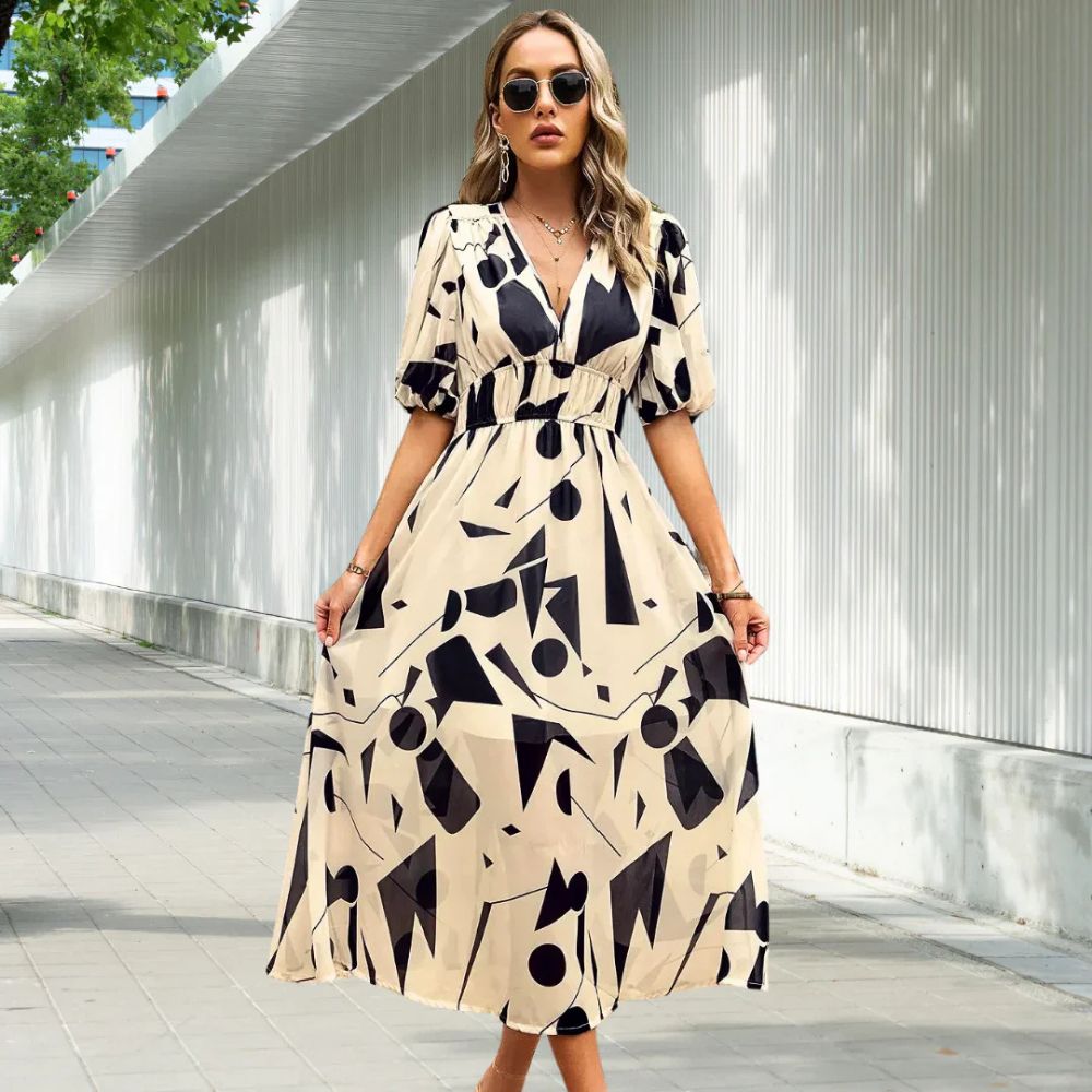 Floral Summer Dress for Women with Puffed Sleeves and V-Neck - Perfect Wedding Guest Dress