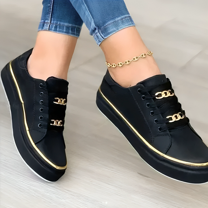 Trendy Black Low-Top Trainers with Gold Accents for All-Day Comfort and Durable PU Leather Construction